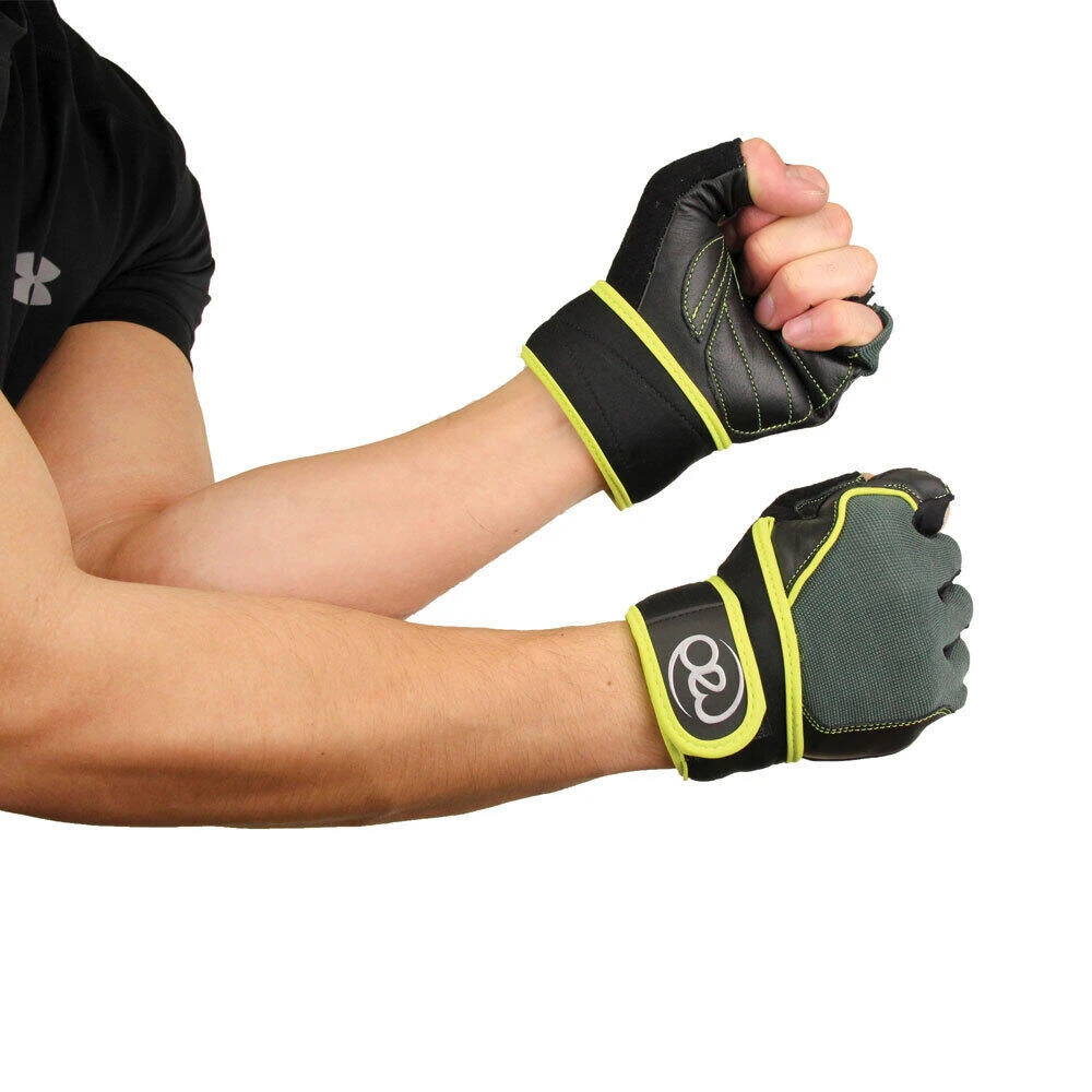 Fitness-Mad Mens Core Fitness Leather Training Gloves (Black/Green/Yellow) - Image 3